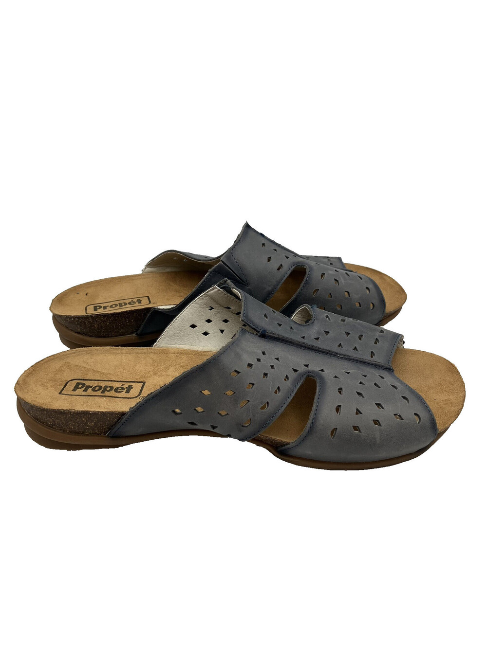 Propet Womens 12 XX 4E Blue Leather Slide Sandals Comfort Cork Footbed